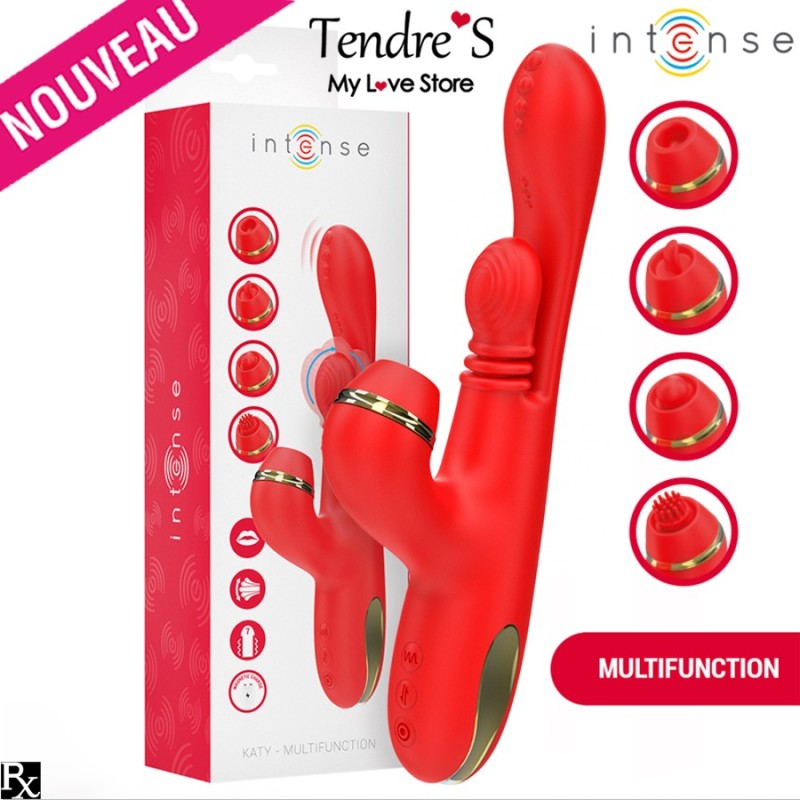 Love toys RABBIT ROUGE KATY VA ET VIENTS VIBRATIONS ET ASPIRATION AVEC EMBOUTS DE INTENSE